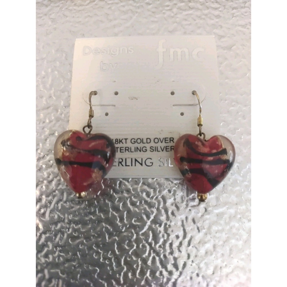 FMC‎ Heart 3D  Red Black Gold Swirl 18kt Gold Over Sterling Silver Earrings